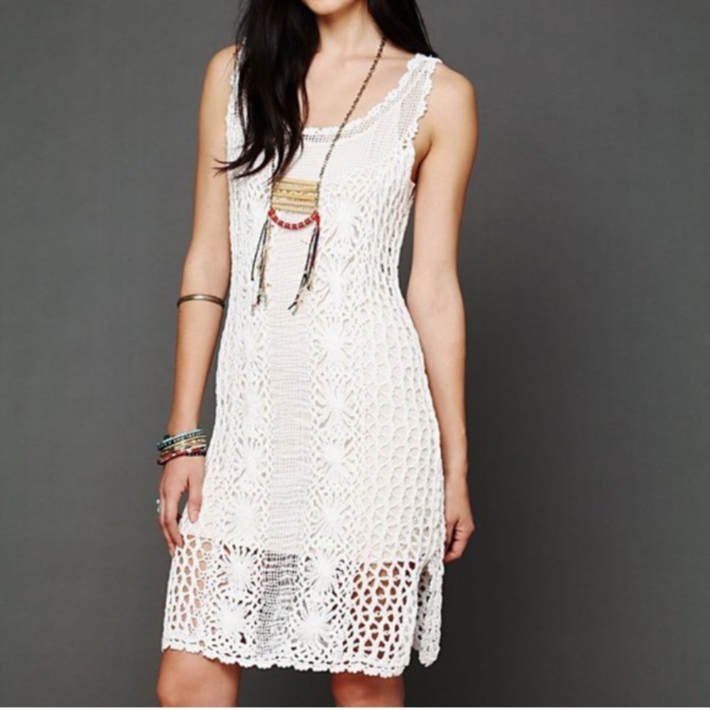 Free People Rare Crochet Tunic Dress White Size M Boho Coastal Cowgirl Festival